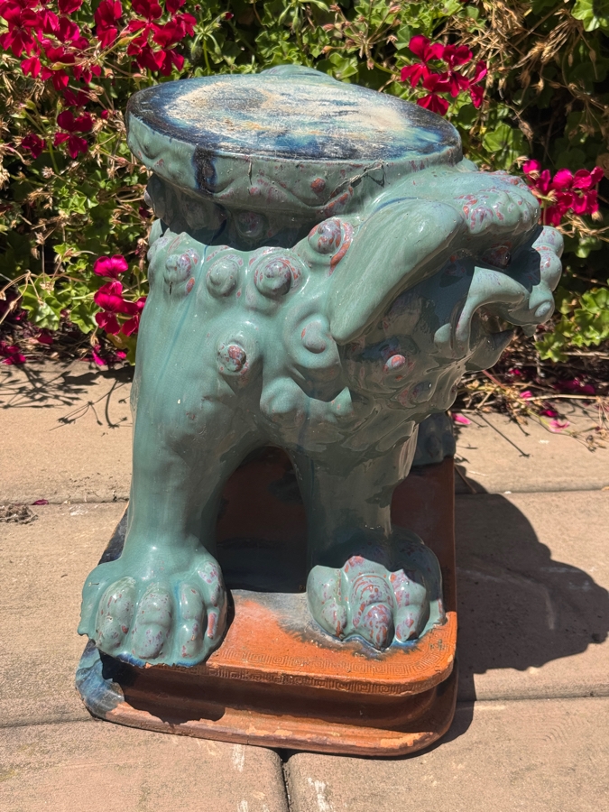 Just Added - Chinese Guardian Lion Foo Dog Teal Glazed Ceramic Garden Stool Accent Table 18'H [Photo 6]