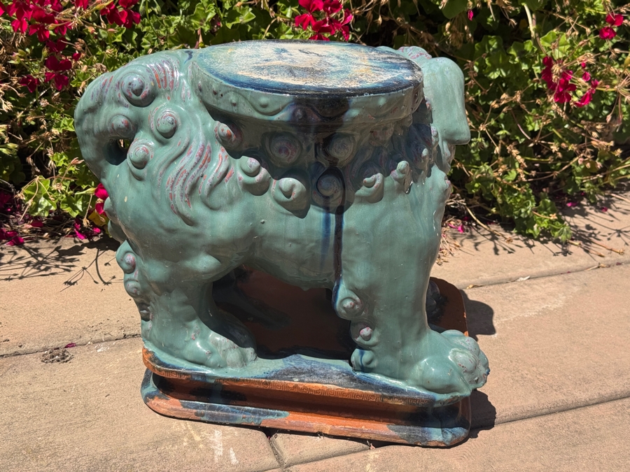 Just Added - Chinese Guardian Lion Foo Dog Teal Glazed Ceramic Garden Stool Accent Table 18'H [Photo 5]