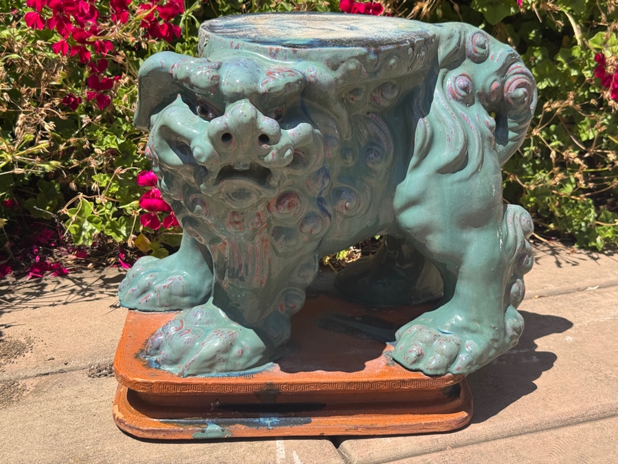 Just Added - Chinese Guardian Lion Foo Dog Teal Glazed Ceramic Garden Stool Accent Table 18'H [Photo 2]