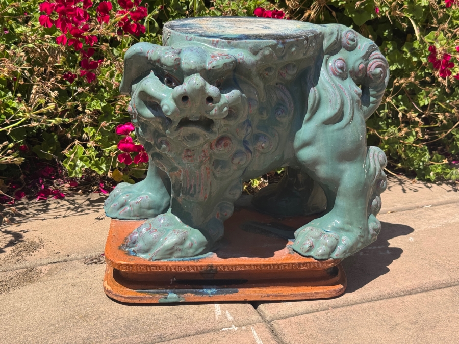 Just Added - Chinese Guardian Lion Foo Dog Teal Glazed Ceramic Garden Stool Accent Table 18'H