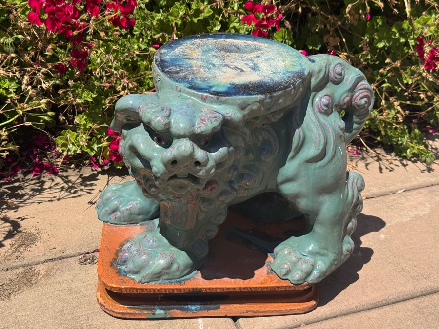 Just Added - Chinese Guardian Lion Foo Dog Teal Glazed Ceramic Garden Stool Accent Table 18'H [Photo 3]