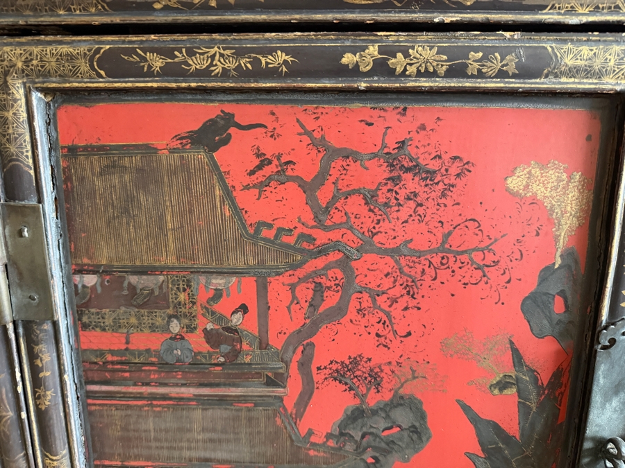 Stunning Antique Chinese Red Wooden Lacquered Hand-painted Cabinet 34W X 18D X 34H [Photo 11]