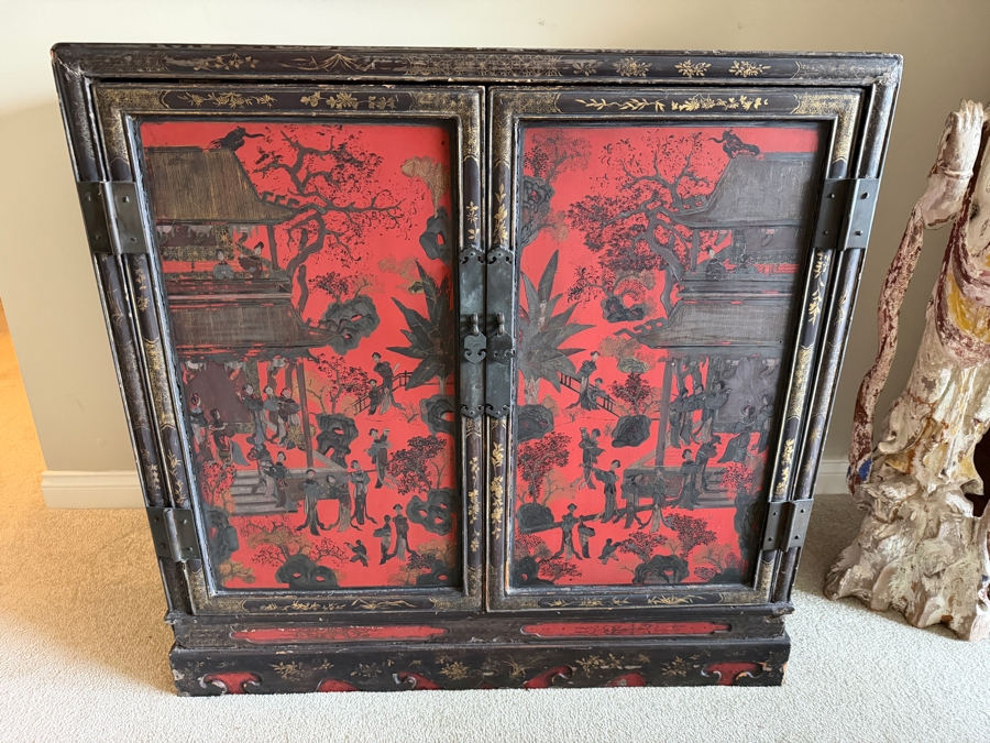 Stunning Antique Chinese Red Wooden Lacquered Hand-painted Cabinet 34W X 18D X 34H [Photo 3]