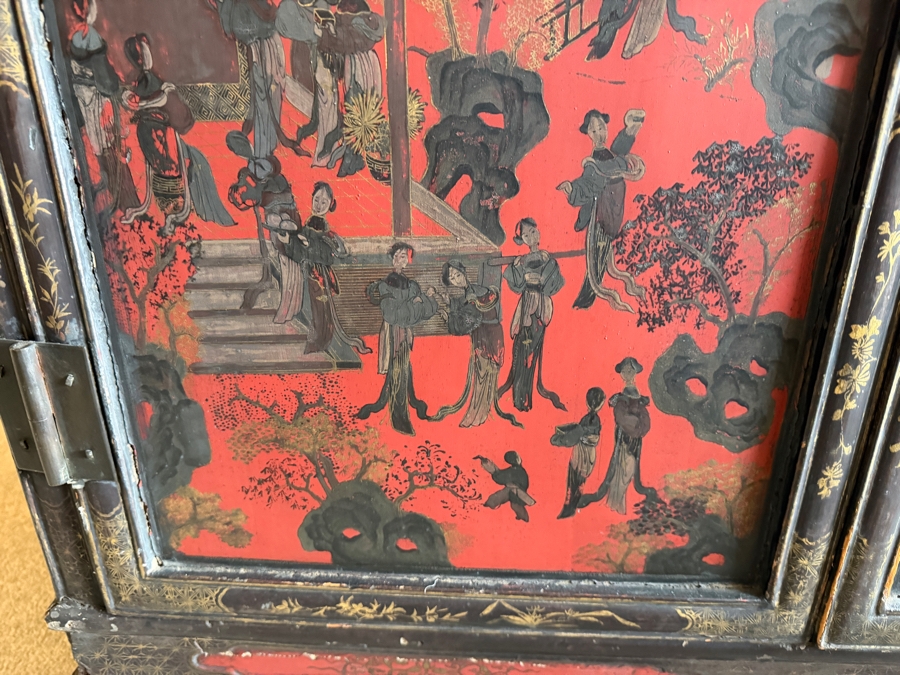 Stunning Antique Chinese Red Wooden Lacquered Hand-painted Cabinet 34W X 18D X 34H [Photo 9]
