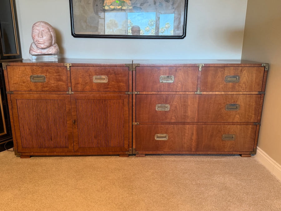 (2) Mid-Century Modern Henredon Fine Furniture Walnut Campaign-Style 6-Drawer Dresser 39W X 19D X 30H And 2-Drawer Cabinet 36W X 19D X 30H [Photo 2]