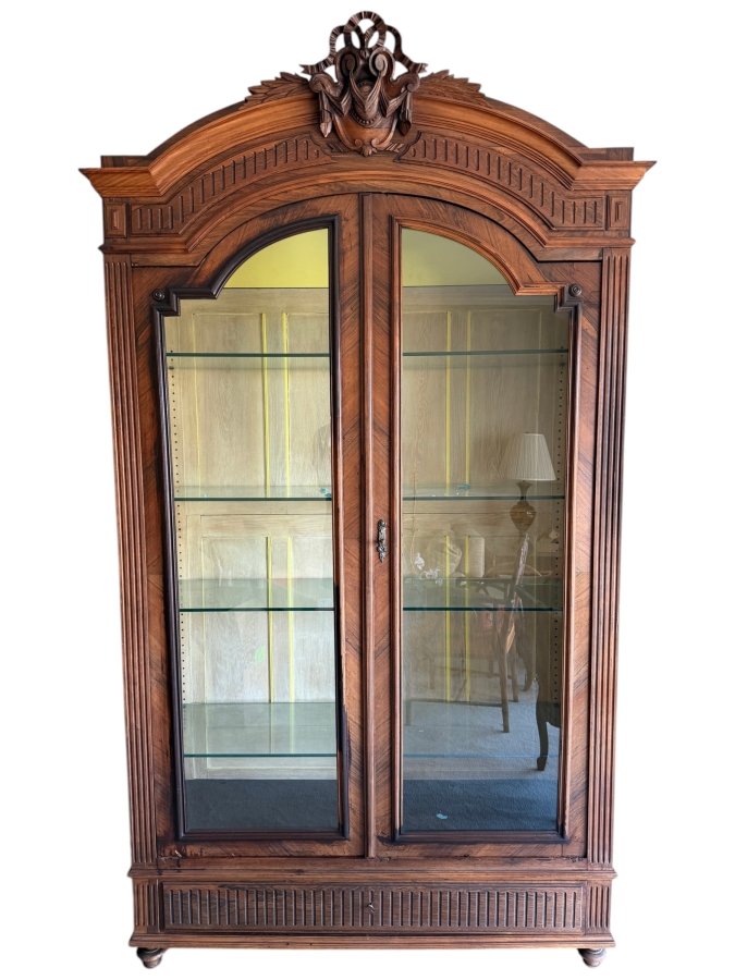 Stunning Antique French Carved Walnut Vitrine 51W X 18D X 96H
