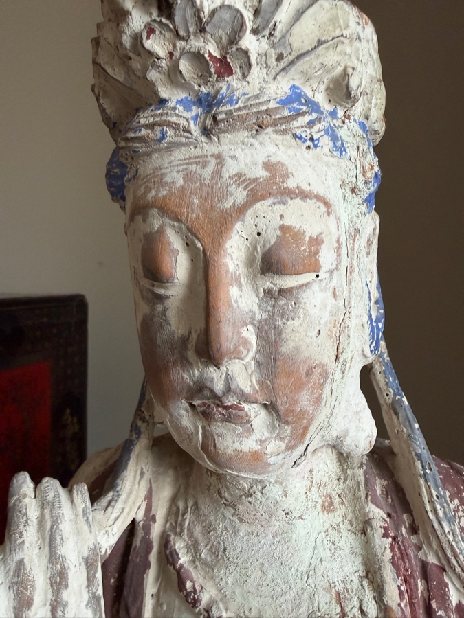 Antique Chinese Carved Polychrome Wooden Sculpture Of Guanyin 41'H [Photo 5]