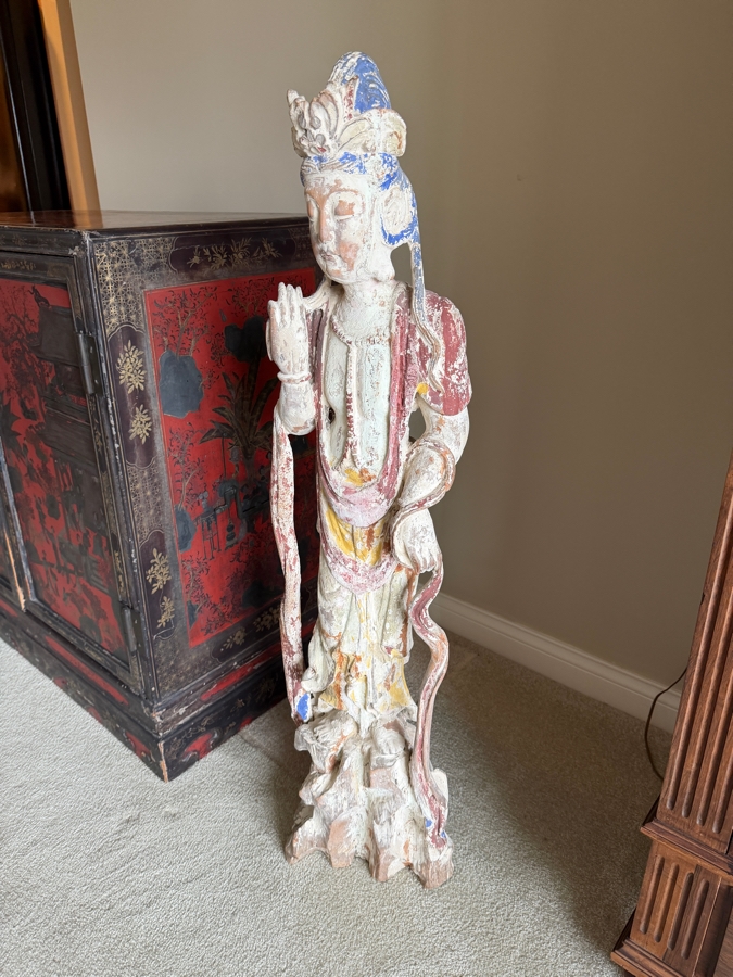 Antique Chinese Carved Polychrome Wooden Sculpture Of Guanyin 41'H [Photo 3]