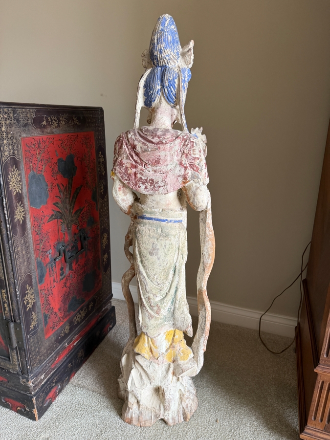 Antique Chinese Carved Polychrome Wooden Sculpture Of Guanyin 41'H [Photo 7]