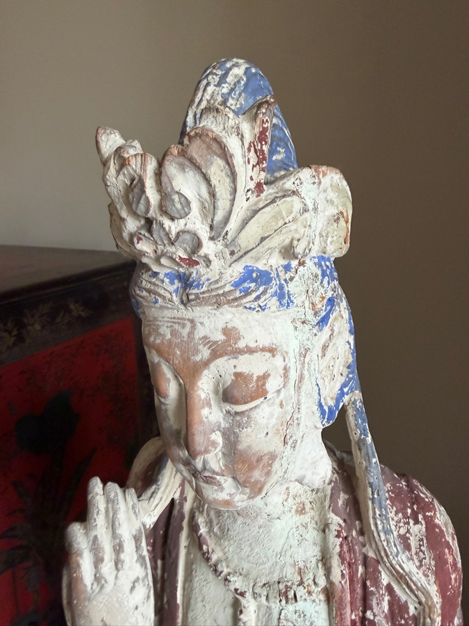 Antique Chinese Carved Polychrome Wooden Sculpture Of Guanyin 41'H [Photo 4]