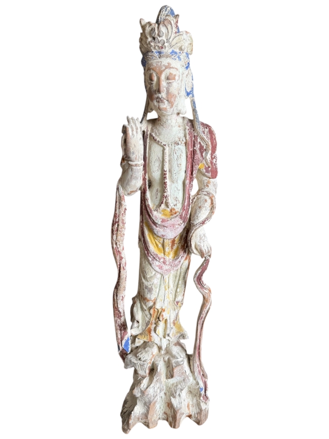 Antique Chinese Carved Polychrome Wooden Sculpture Of Guanyin 41'H [Photo 2]