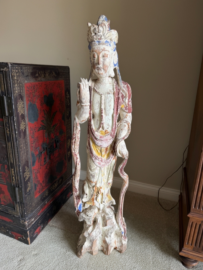 Antique Chinese Carved Polychrome Wooden Sculpture Of Guanyin 41'H
