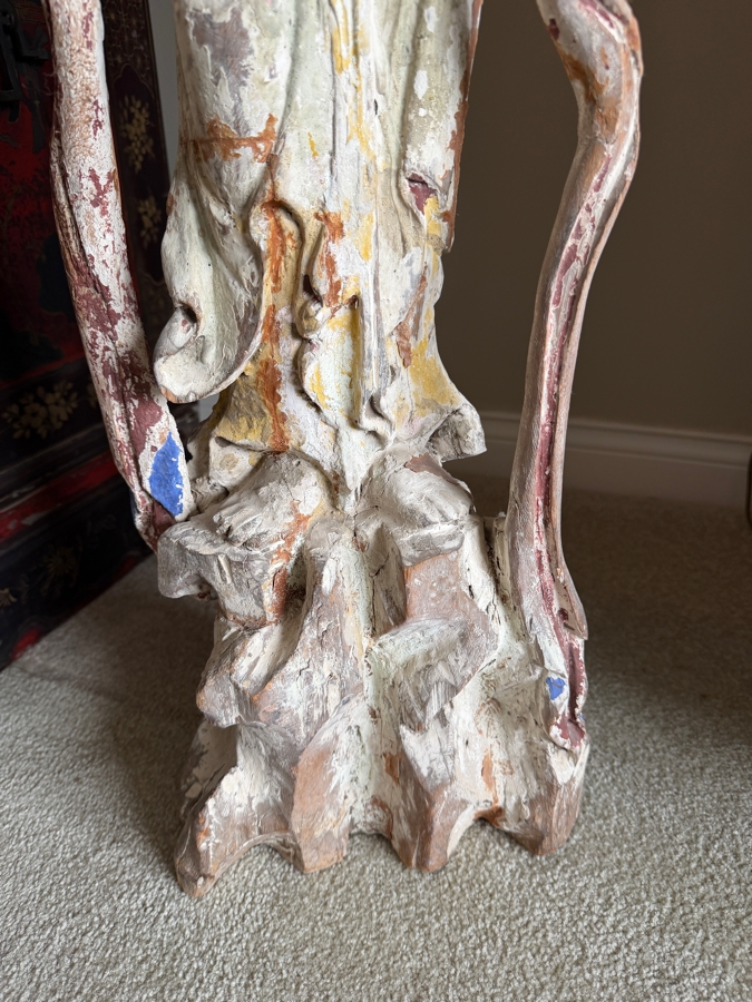 Antique Chinese Carved Polychrome Wooden Sculpture Of Guanyin 41'H [Photo 6]