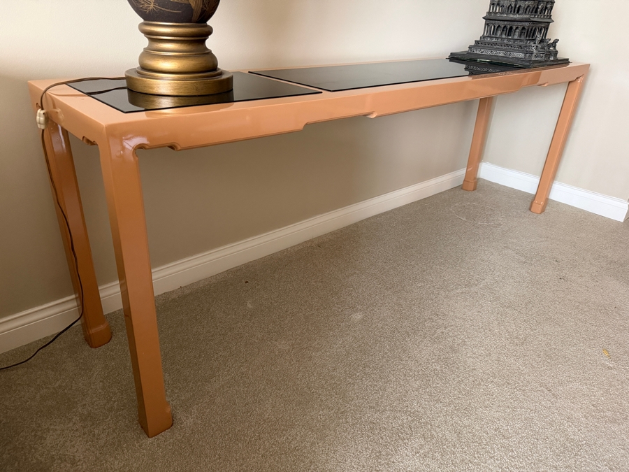 Vintage Lacquered Wooden Console Table With Glass Tops 72W X 16D X 25H [Photo 4]
