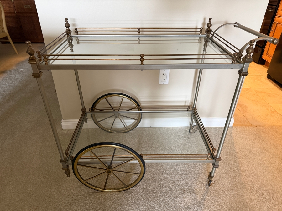 Vintage Brass And Brushed Steel Two-Tier Bar Cart 36W X 19D X 34H [Photo 4]