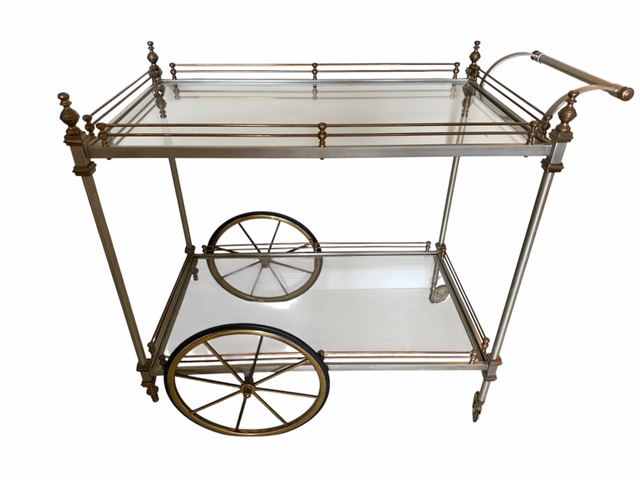 Vintage Brass And Brushed Steel Two-Tier Bar Cart 36W X 19D X 34H