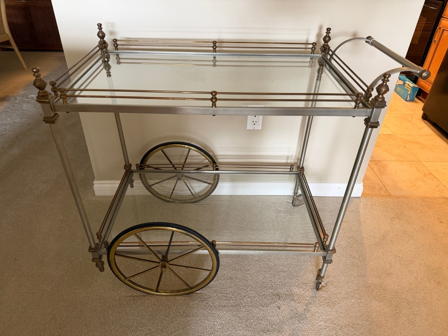 Vintage Brass And Brushed Steel Two-Tier Bar Cart 36W X 19D X 34H [Photo 2]