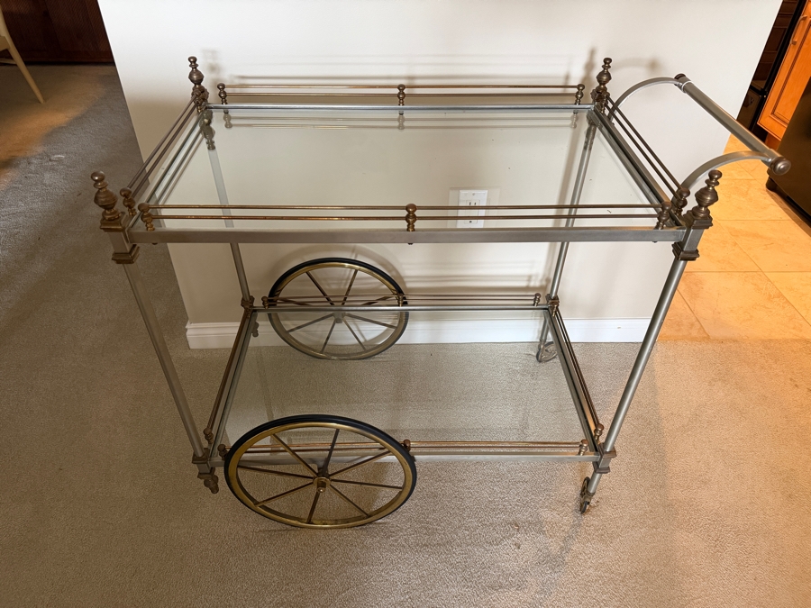 Vintage Brass And Brushed Steel Two-Tier Bar Cart 36W X 19D X 34H [Photo 3]