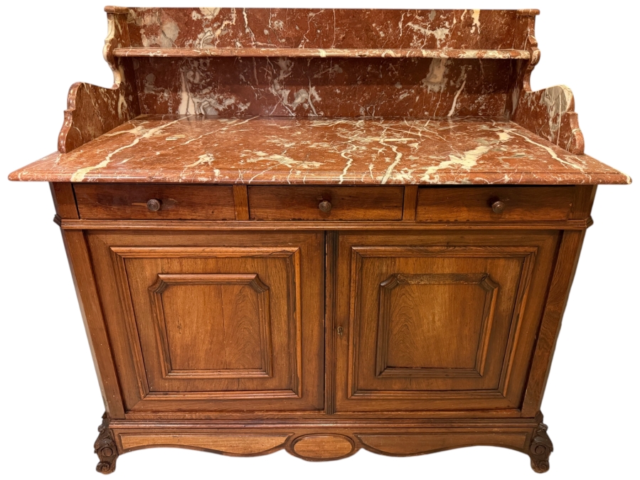 Antique 19th Century French Cabinet Washstand With Marble Top And Backsplash 45W X 24D X 44H
