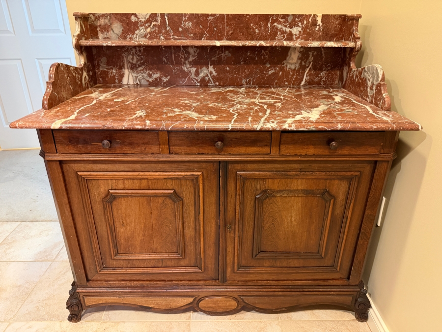Antique 19th Century French Cabinet Washstand With Marble Top And Backsplash 45W X 24D X 44H [Photo 2]