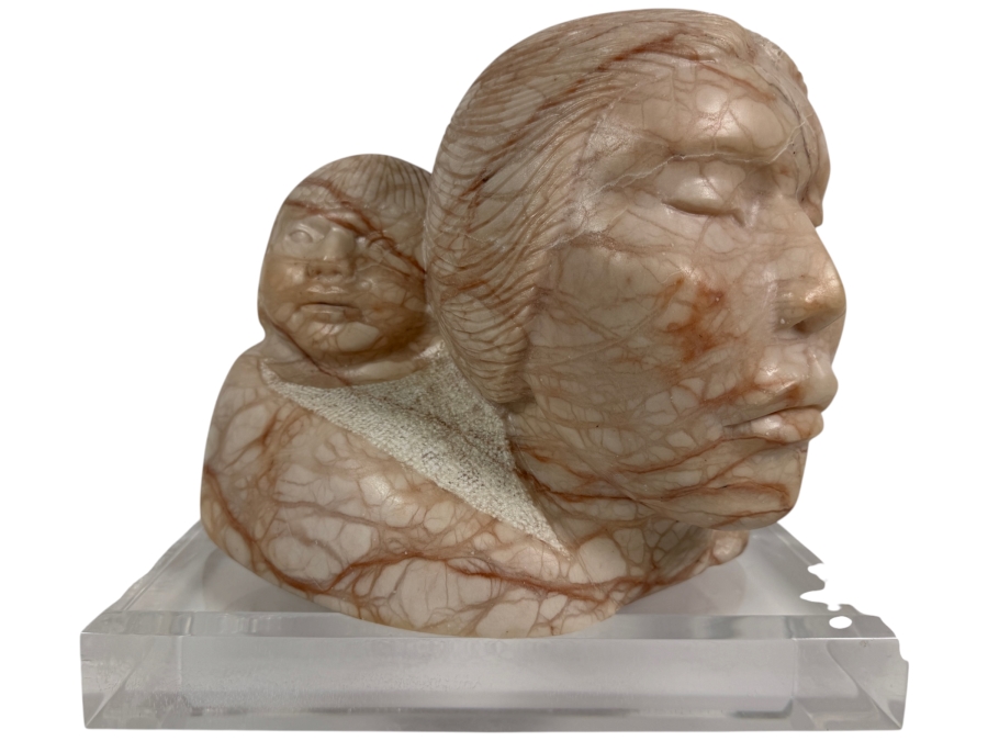 Impressive Native American Alabaster Carving Signed E.F. On Lucite Base 11W X 8D X 10H