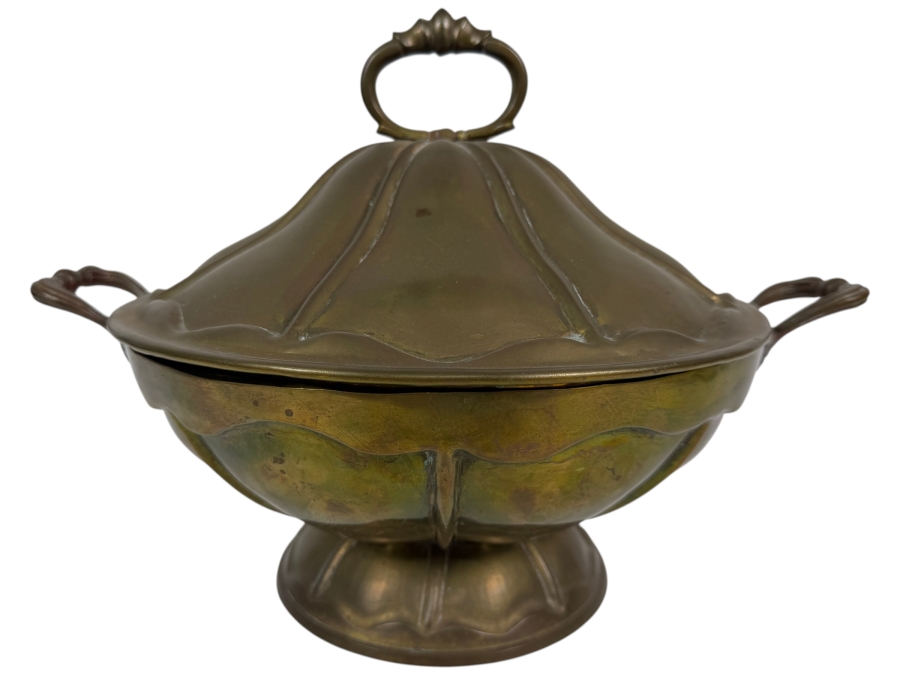 Vintage Brass Serving Dish With Footed Base And Lid 14.5W X 10H