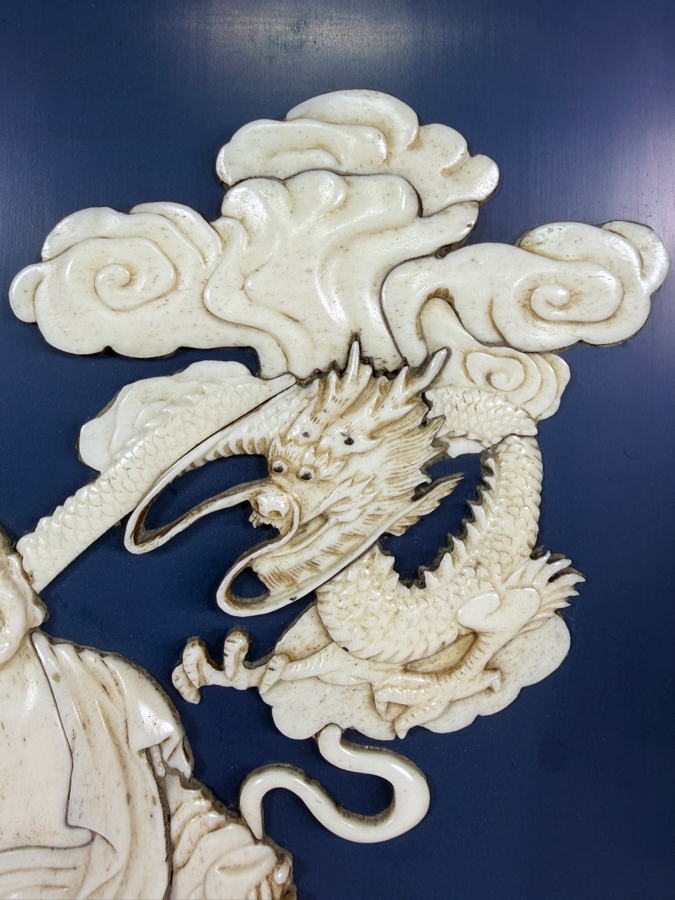 Vintage Chinese Republic Period Blue Lacquer Wall Panel Plaque Inset Carved Bone Taming Dragon Luohan Arhat Figurine [Photo 4]