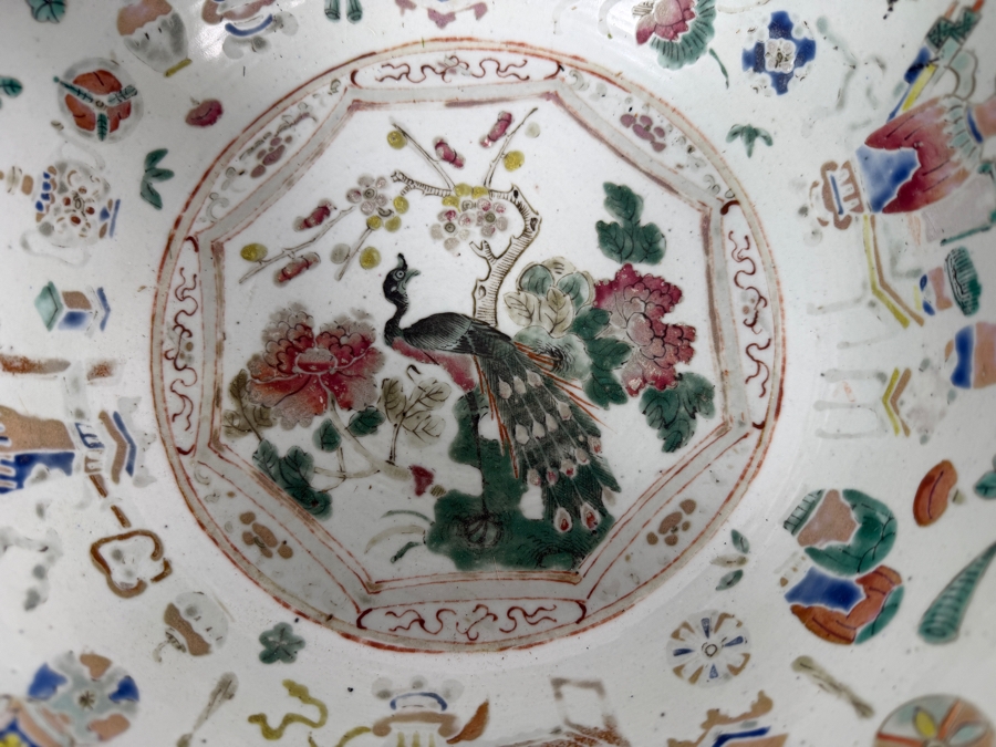 Antique Chinese Qing Dynasty Famille Verte Enameled Peacock And Peony Recessed Panel Large Porcelain Punch Wash Basin Bowl 14.5'W X 6.5'H [Photo 2]