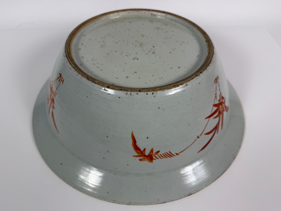 Antique Chinese Qing Dynasty Famille Verte Enameled Peacock And Peony Recessed Panel Large Porcelain Punch Wash Basin Bowl 14.5'W X 6.5'H [Photo 8]