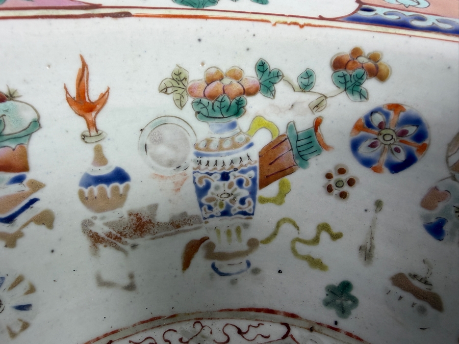 Antique Chinese Qing Dynasty Famille Verte Enameled Peacock And Peony Recessed Panel Large Porcelain Punch Wash Basin Bowl 14.5'W X 6.5'H [Photo 11]