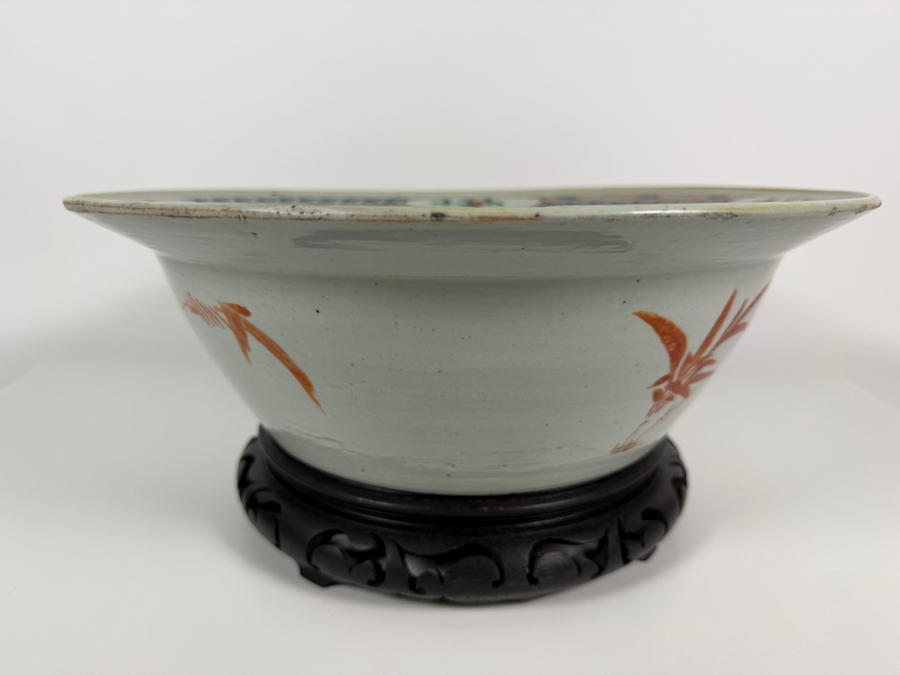 Antique Chinese Qing Dynasty Famille Verte Enameled Peacock And Peony Recessed Panel Large Porcelain Punch Wash Basin Bowl 14.5'W X 6.5'H [Photo 5]