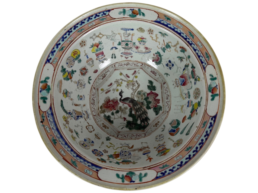 Antique Chinese Qing Dynasty Famille Verte Enameled Peacock And Peony Recessed Panel Large Porcelain Punch Wash Basin Bowl 14.5'W X 6.5'H