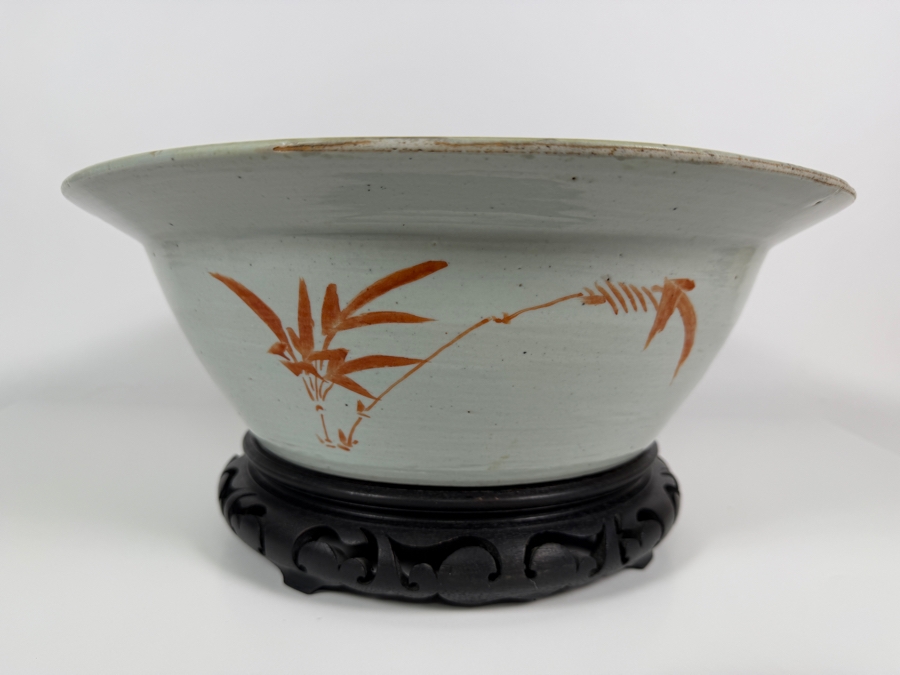 Antique Chinese Qing Dynasty Famille Verte Enameled Peacock And Peony Recessed Panel Large Porcelain Punch Wash Basin Bowl 14.5'W X 6.5'H [Photo 6]