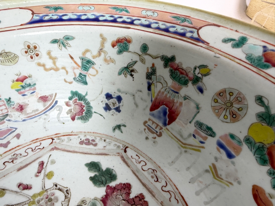 Antique Chinese Qing Dynasty Famille Verte Enameled Peacock And Peony Recessed Panel Large Porcelain Punch Wash Basin Bowl 14.5'W X 6.5'H [Photo 4]