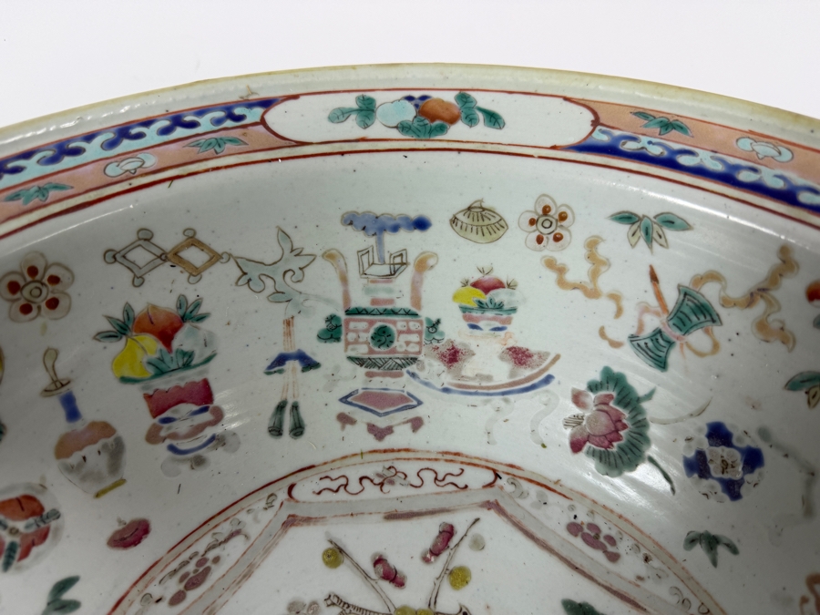 Antique Chinese Qing Dynasty Famille Verte Enameled Peacock And Peony Recessed Panel Large Porcelain Punch Wash Basin Bowl 14.5'W X 6.5'H [Photo 3]