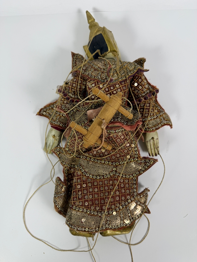 Vintage Burmese Yoke The Hand Carved Wood String Marionette Puppet Heavily Embroidered Sequin Kalaga Fabric Costume 16'H [Photo 5]
