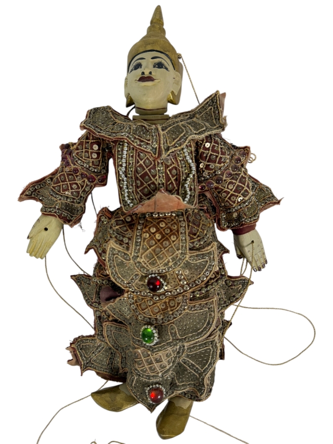 Vintage Burmese Yoke The Hand Carved Wood String Marionette Puppet Heavily Embroidered Sequin Kalaga Fabric Costume 16'H