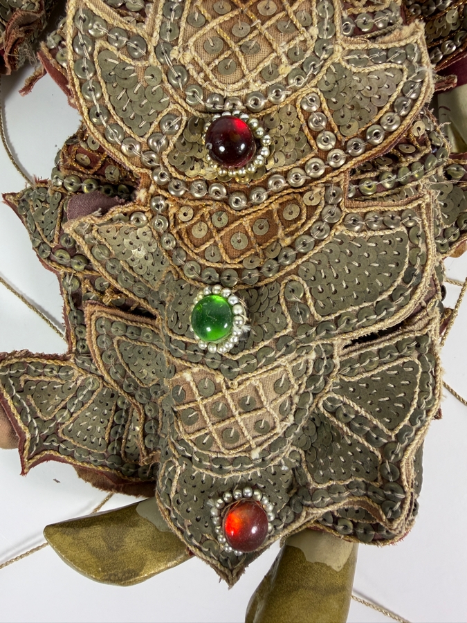 Vintage Burmese Yoke The Hand Carved Wood String Marionette Puppet Heavily Embroidered Sequin Kalaga Fabric Costume 16'H [Photo 2]