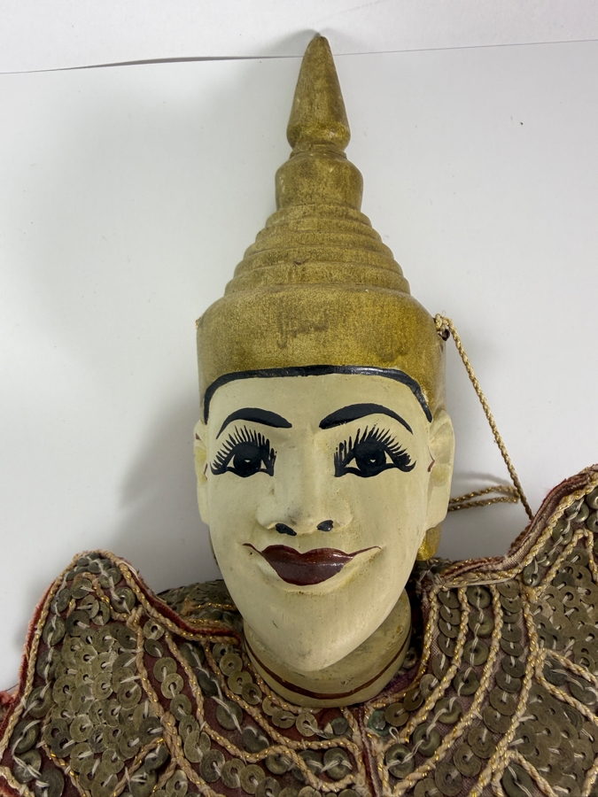 Vintage Burmese Yoke The Hand Carved Wood String Marionette Puppet Heavily Embroidered Sequin Kalaga Fabric Costume 16'H [Photo 3]