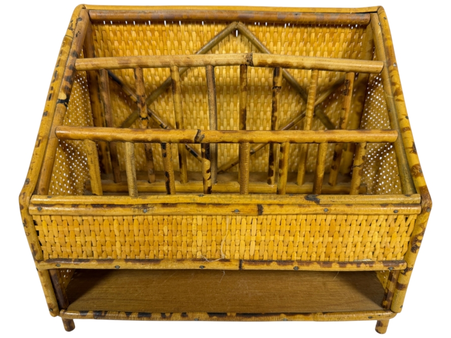 Vintage Victorian Style Boho Bamboo And Woven Rattan Cane Tiered Desk Letter Mail Organizer Sorter 10'W X 8.5'H
