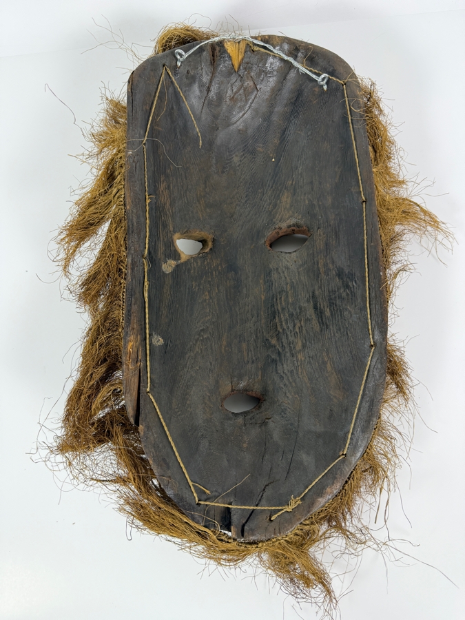 Vintage African Congolese Lega Teke Tribal Hand Carved Polychrome Wooden Mask With Raffia Fringe Hair Trim 16'H [Photo 6]