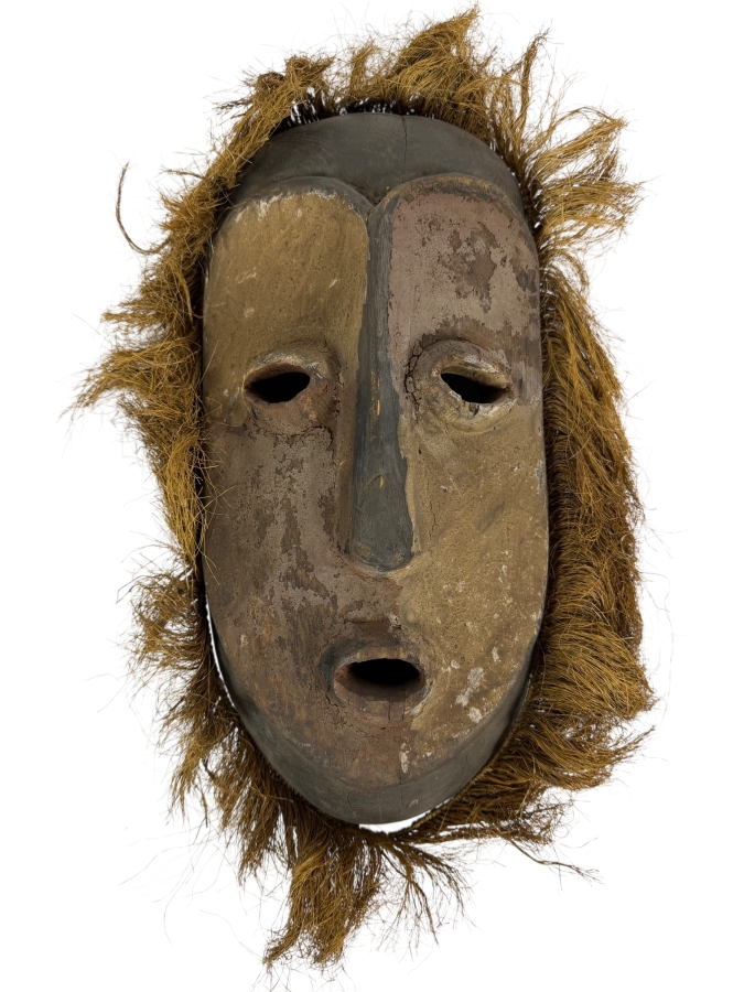 Vintage African Congolese Lega Teke Tribal Hand Carved Polychrome Wooden Mask With Raffia Fringe Hair Trim 16'H