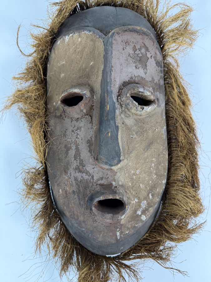 Vintage African Congolese Lega Teke Tribal Hand Carved Polychrome Wooden Mask With Raffia Fringe Hair Trim 16'H [Photo 2]