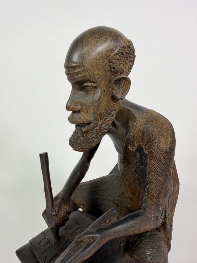 Vintage East African Makonde Signed Hand Carved Dark Ebony Wood Seated Elder Scholar Writing Desk Tribal Figurine Sculpture 12'H [Photo 8]