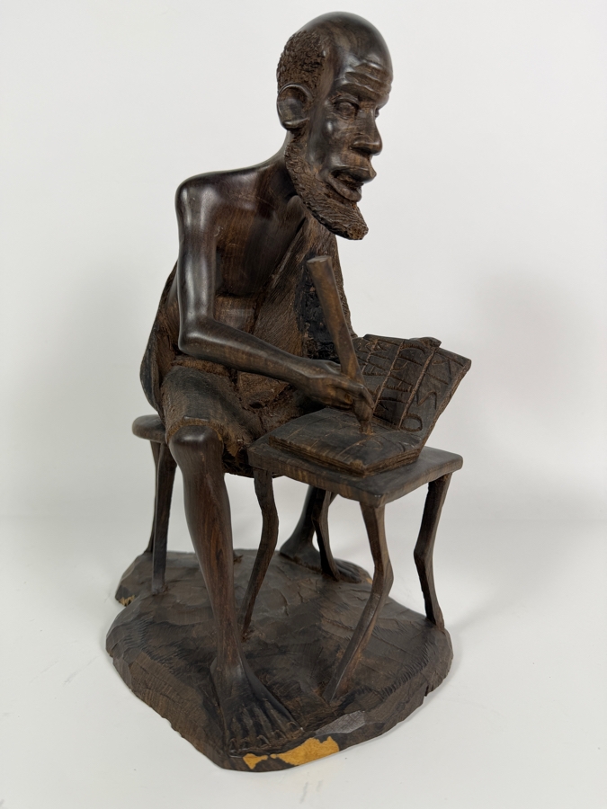 Vintage East African Makonde Signed Hand Carved Dark Ebony Wood Seated Elder Scholar Writing Desk Tribal Figurine Sculpture 12'H [Photo 4]