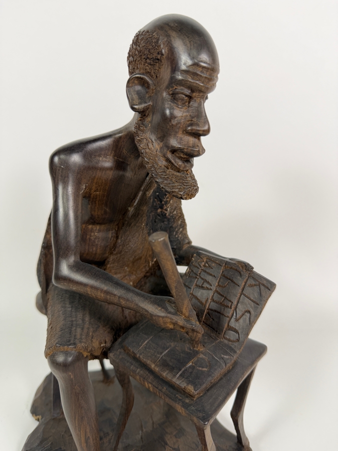 Vintage East African Makonde Signed Hand Carved Dark Ebony Wood Seated Elder Scholar Writing Desk Tribal Figurine Sculpture 12'H [Photo 5]