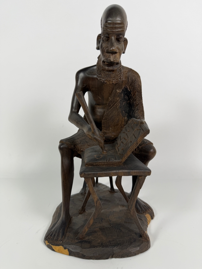 Vintage East African Makonde Signed Hand Carved Dark Ebony Wood Seated Elder Scholar Writing Desk Tribal Figurine Sculpture 12'H [Photo 3]