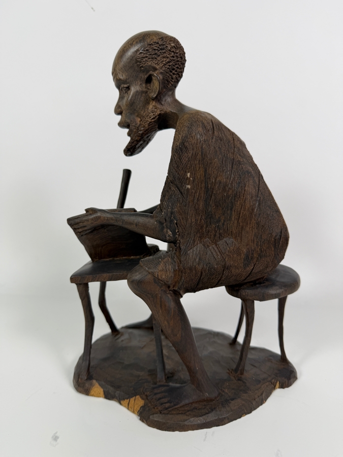 Vintage East African Makonde Signed Hand Carved Dark Ebony Wood Seated Elder Scholar Writing Desk Tribal Figurine Sculpture 12'H [Photo 7]