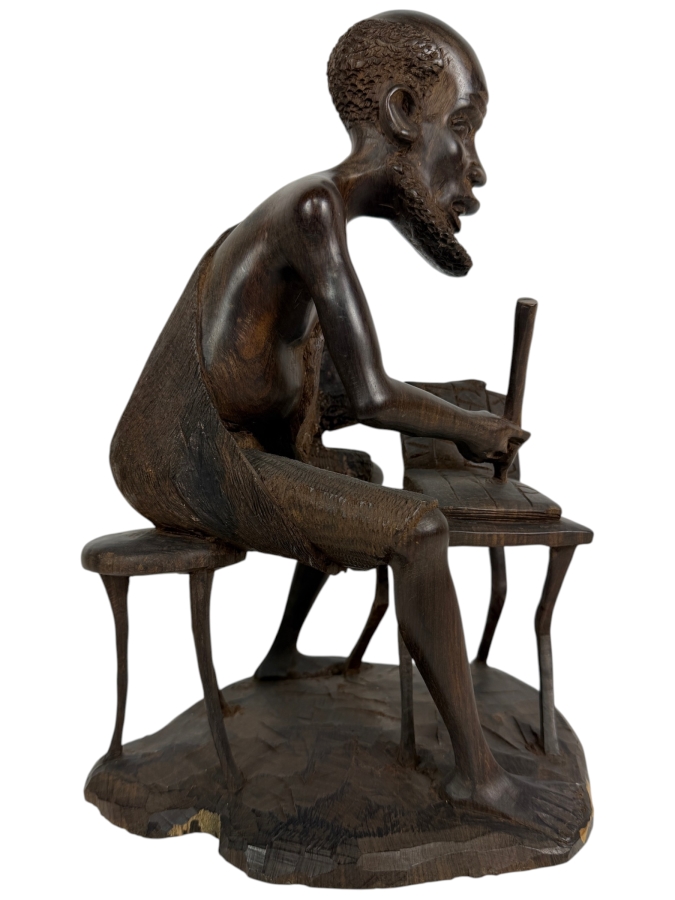 Vintage East African Makonde Signed Hand Carved Dark Ebony Wood Seated Elder Scholar Writing Desk Tribal Figurine Sculpture 12'H
