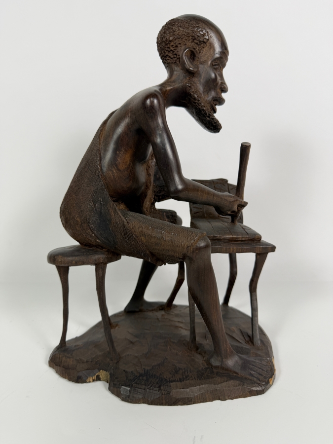 Vintage East African Makonde Signed Hand Carved Dark Ebony Wood Seated Elder Scholar Writing Desk Tribal Figurine Sculpture 12'H [Photo 2]